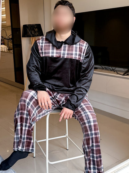 Pyjama à capuche pantalon à carreaux marron homme TAYRI