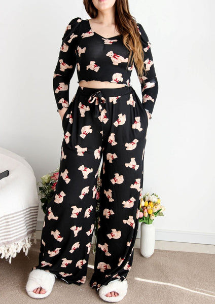 Pyjama crop-top coton noir femme DEER