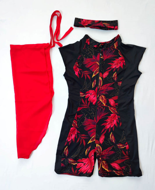 Maillot de bain 2 pièces combi noir a motif rouge  AZURE