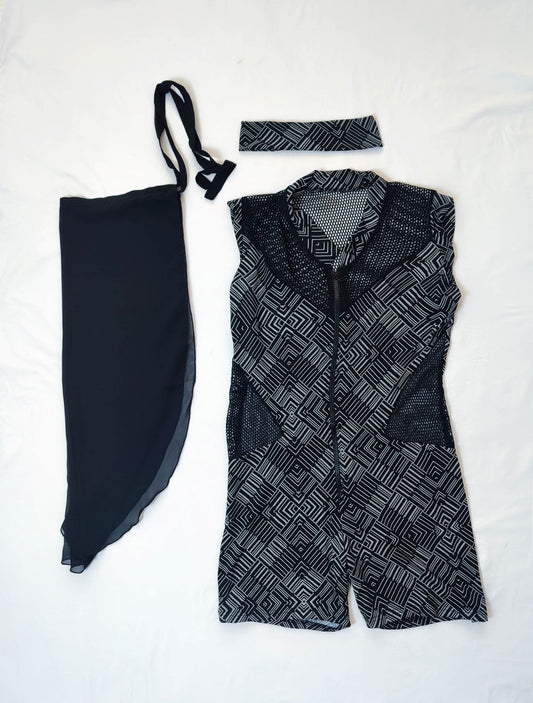 Maillot de bain 2 pièces combi noir filet noir paréo noir NEREA