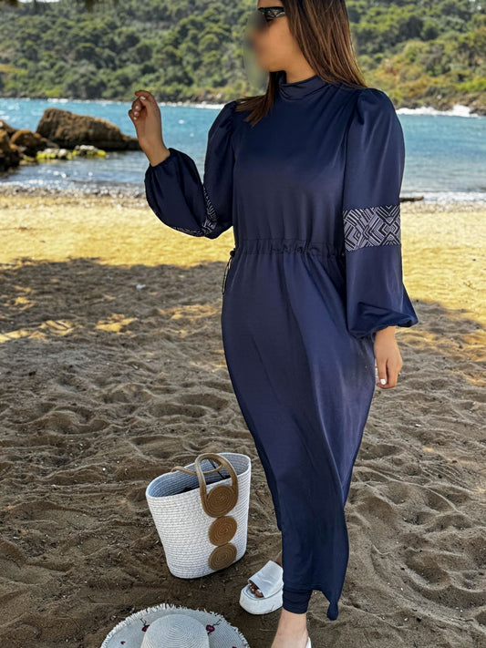 Burkini 3 pièces  bleu à motif blanc TESSA