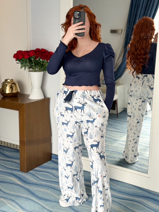 Pyjama crop-top manche long femme bleu motif GACELA