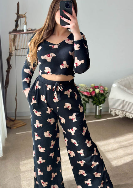 Pyjama crop-top coton noir femme DEER