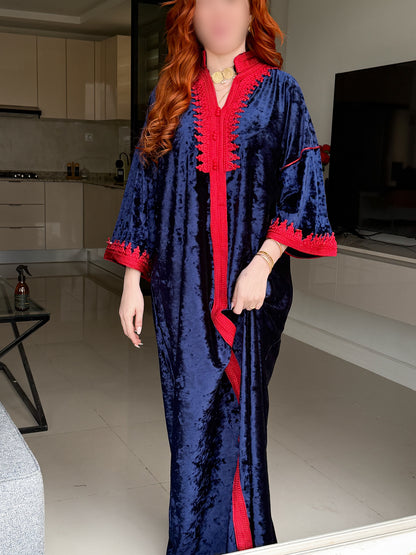 Jebba velours bleu nuit galon rouge SULANA