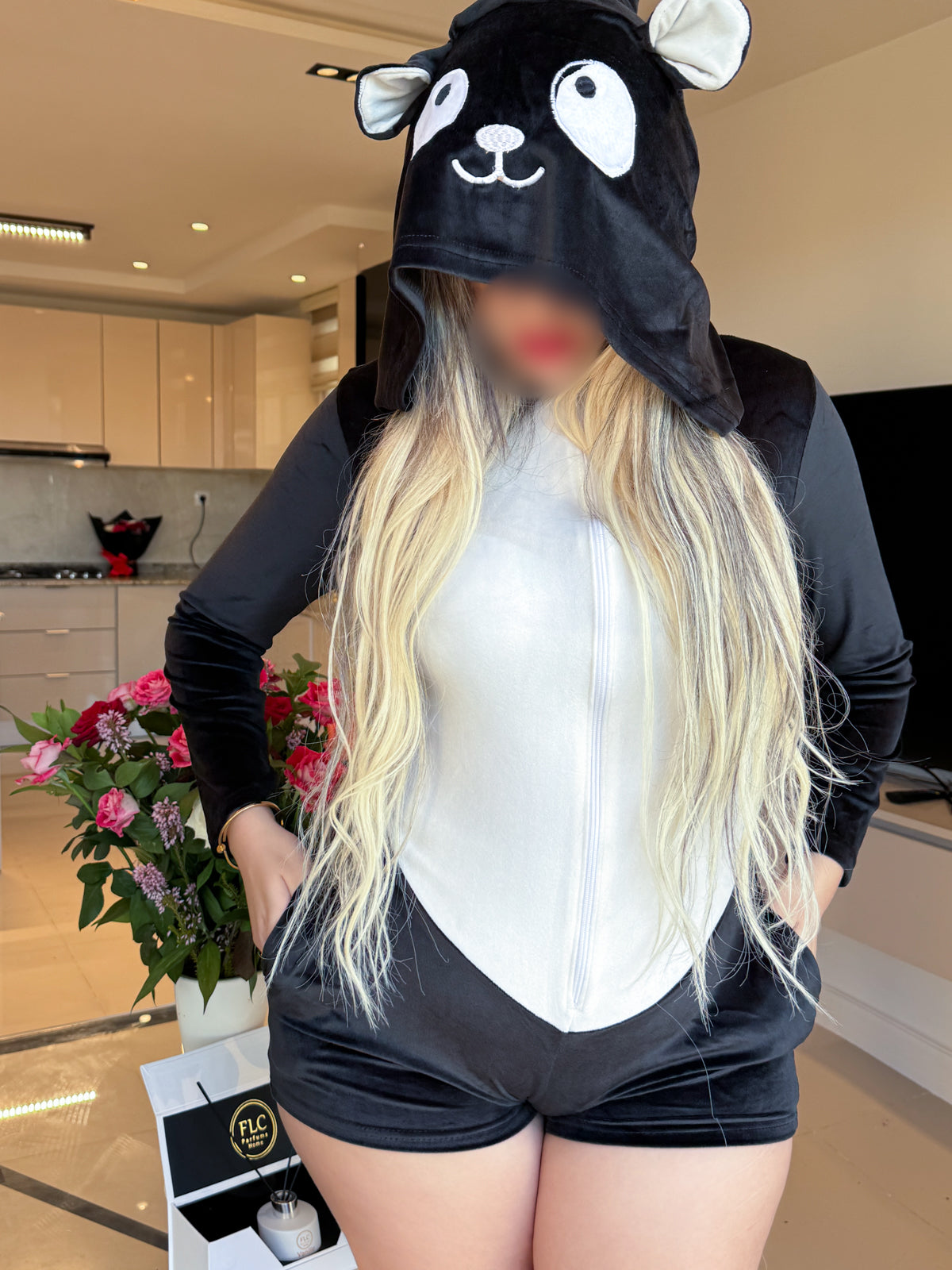Combishort noir capuche blanc soft PANDA
