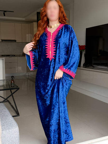 Jebba velours bleu roi galon rose LINATA