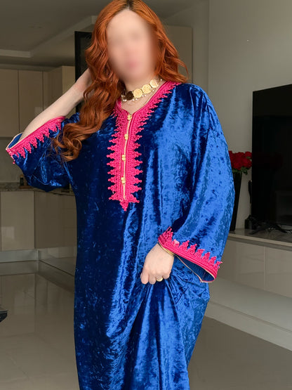 Jebba velours bleu roi galon rose LINATA