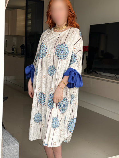 Jebba midi en velours blanche a motif bleu ZELLIGE
