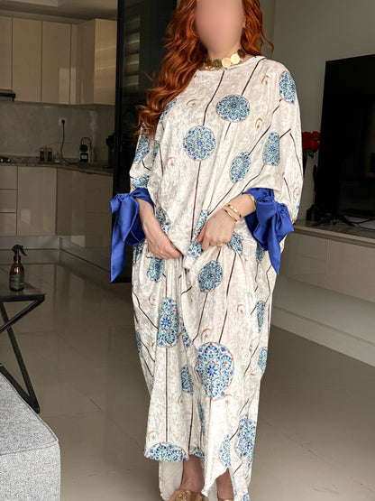 Jebba en velours blanche a motif bleu ZELLIGE