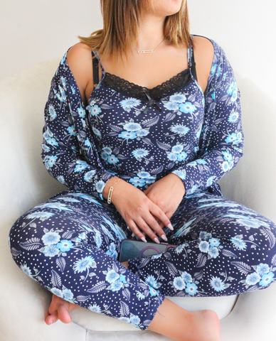 Ensemble 3 pièces coton fleuri bleu BEGONIA