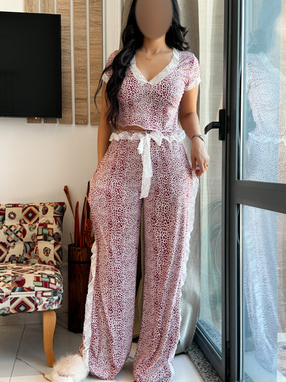 Pyjama demi manche bordeaux léo dentelle VADILA