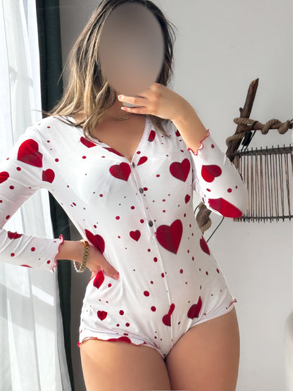 Combishort manche long blanc motif coeur ELINA