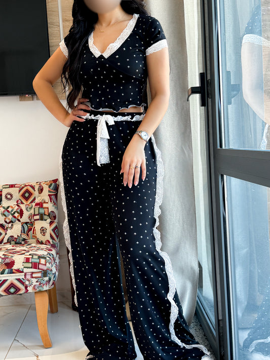 Pyjama demi manche noir étoile dentelle VADILA