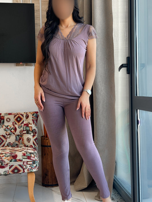 Pyjama pantalon demi manche violet dentelle LUNA