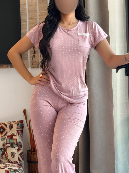 Pyjama pantalon demi manche rose a petit point  LEYLA