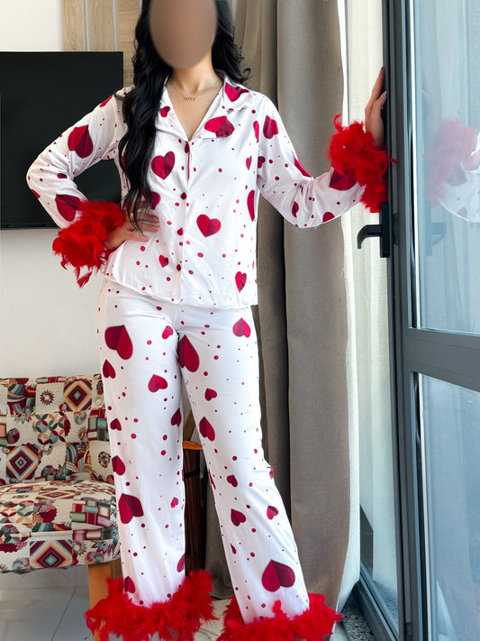 Pyjama manche long femme plume rouge a motif coeur KALINA