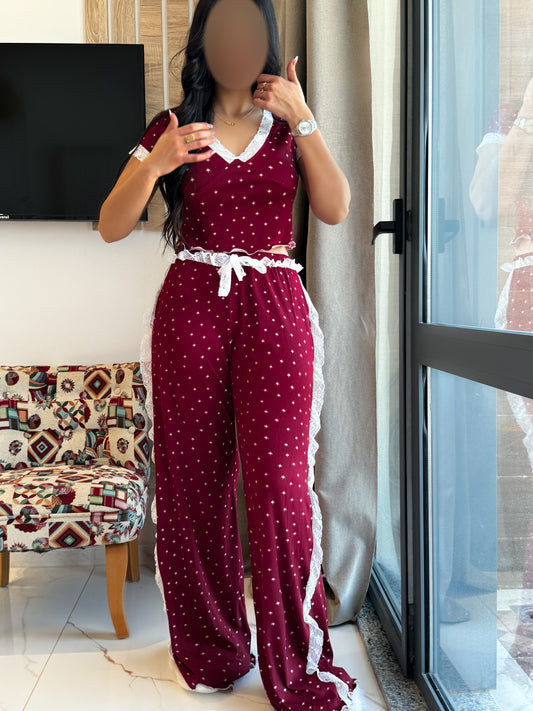 Pyjama demi manche bordeaux étoile dentelle VADILA
