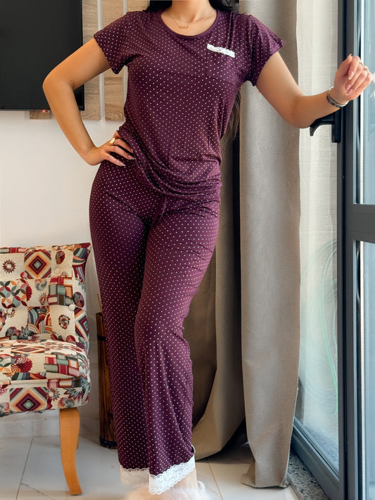 Pyjama pantalon demi manche aubergine a petit point  LEYLA