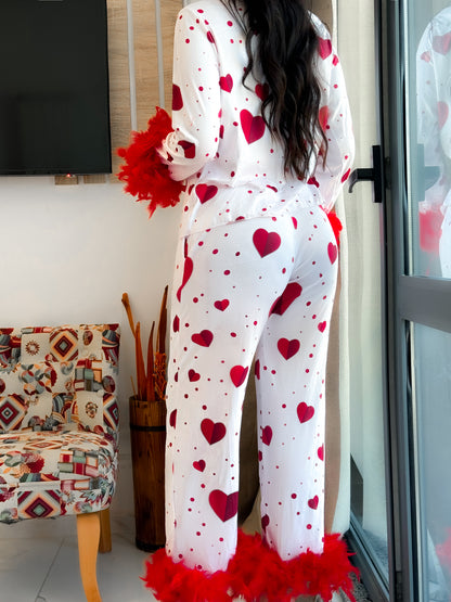Pyjama manche long femme plume rouge a motif coeur KALINA