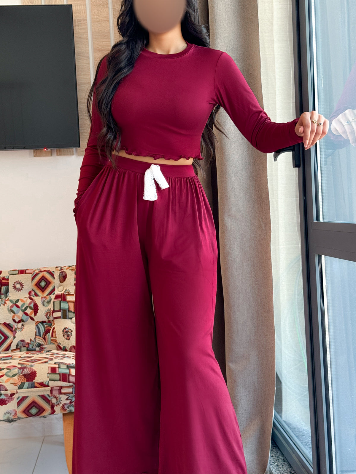 Pyjama crop-top bordeaux femme LETICIA