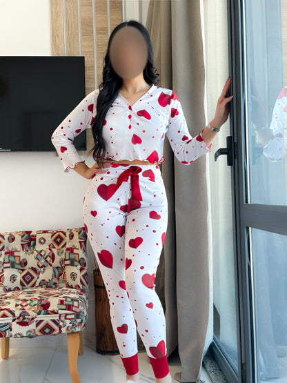 Pyjama manche long femme blanc a motif coeur rouge KARMEN