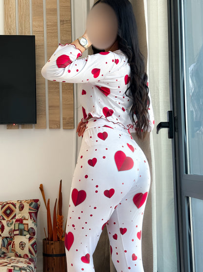 Pyjama manche long femme blanc a motif coeur rouge KARMEN