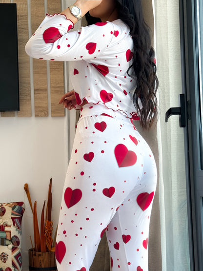 Pyjama manche long femme blanc a motif coeur rouge KARMEN