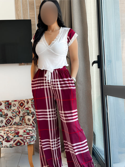 Pyjama demi manche pantalon a carreau bordeau ANITA