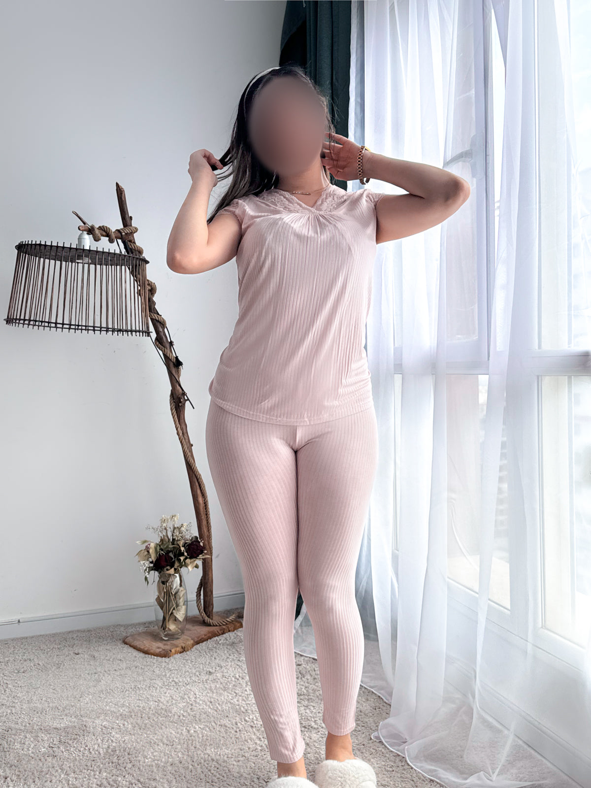 Pyjama pantalon demi manche mauve dentelle LUNA