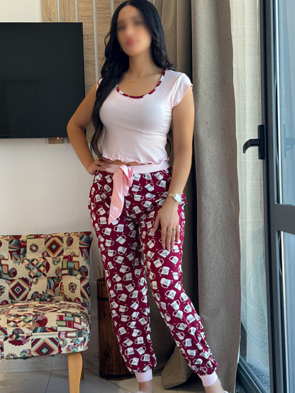 Pyjama demi manche pantalon COFFE bordeaux SANDER