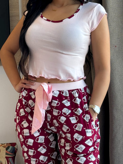 Pyjama demi manche pantalon COFFE bordeaux SANDER