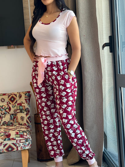 Pyjama demi manche pantalon COFFE bordeaux SANDER