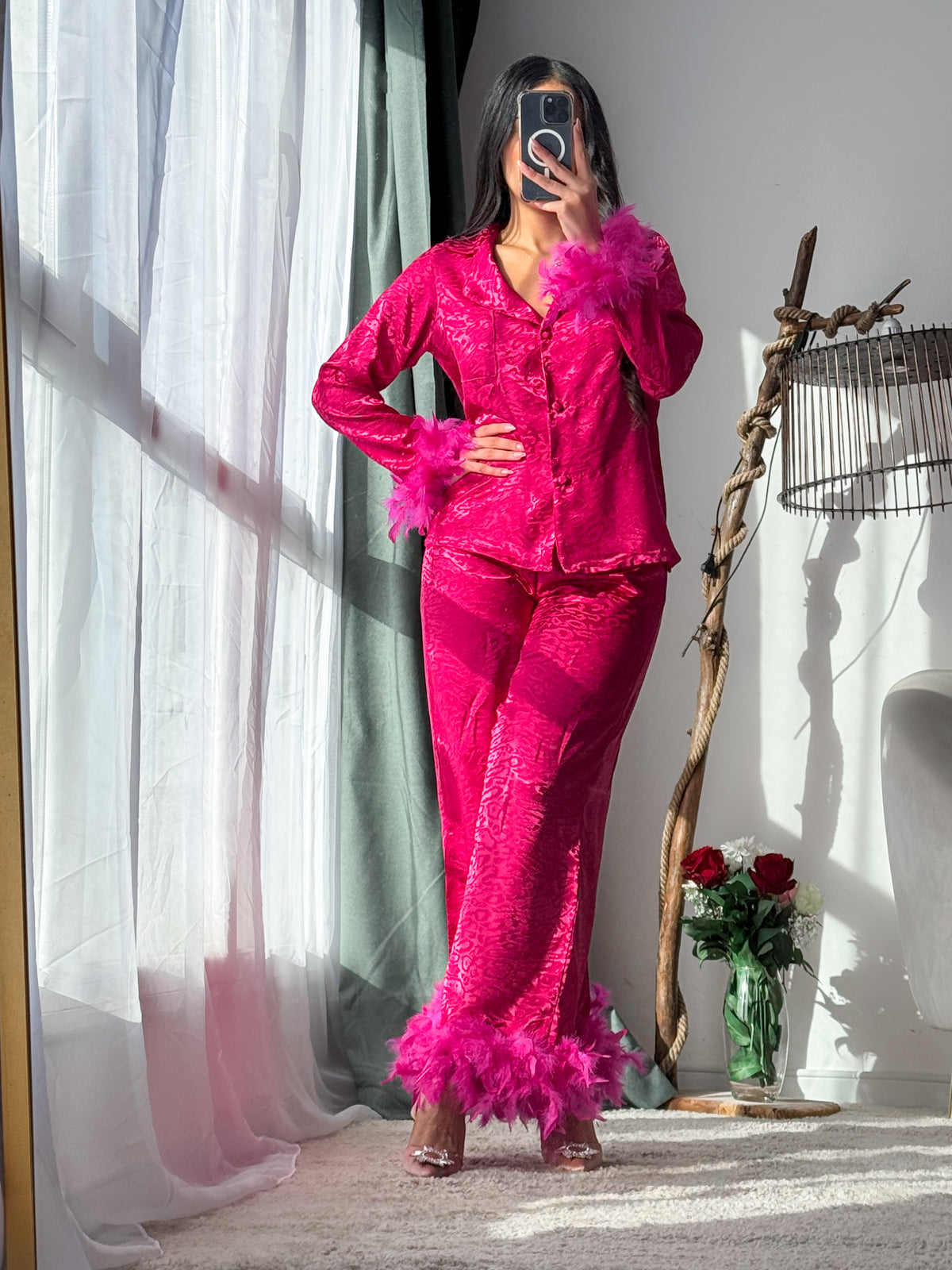 Pyjama pantalon manche long PLUMES femme fushia MARTINES