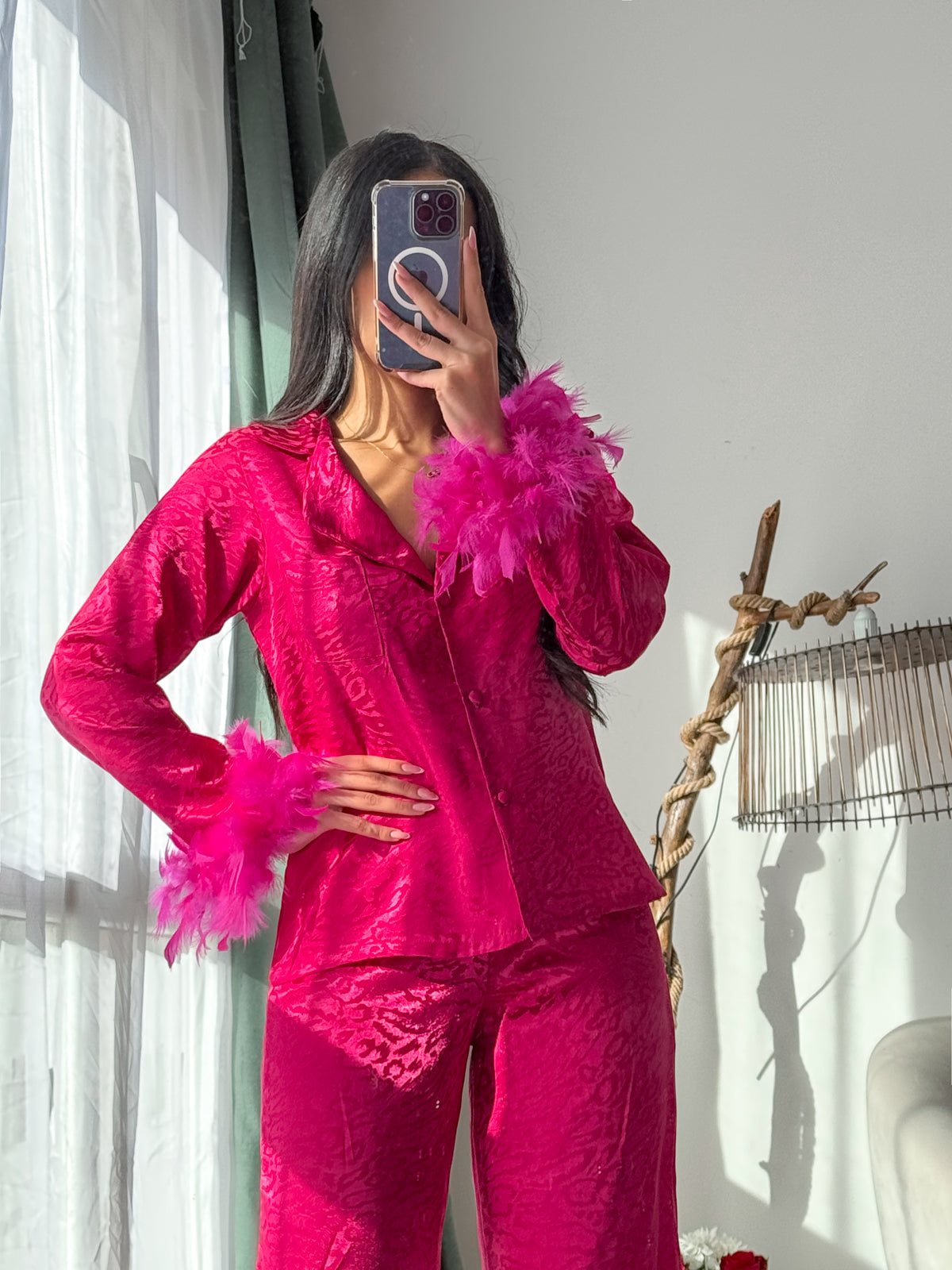 Pyjama pantalon manche long PLUMES femme fushia MARTINES