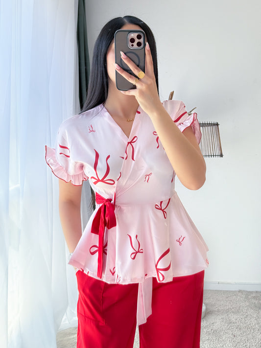 Pyjama demies manches pantalon blanc a motif NOEUD rouge JOLENE