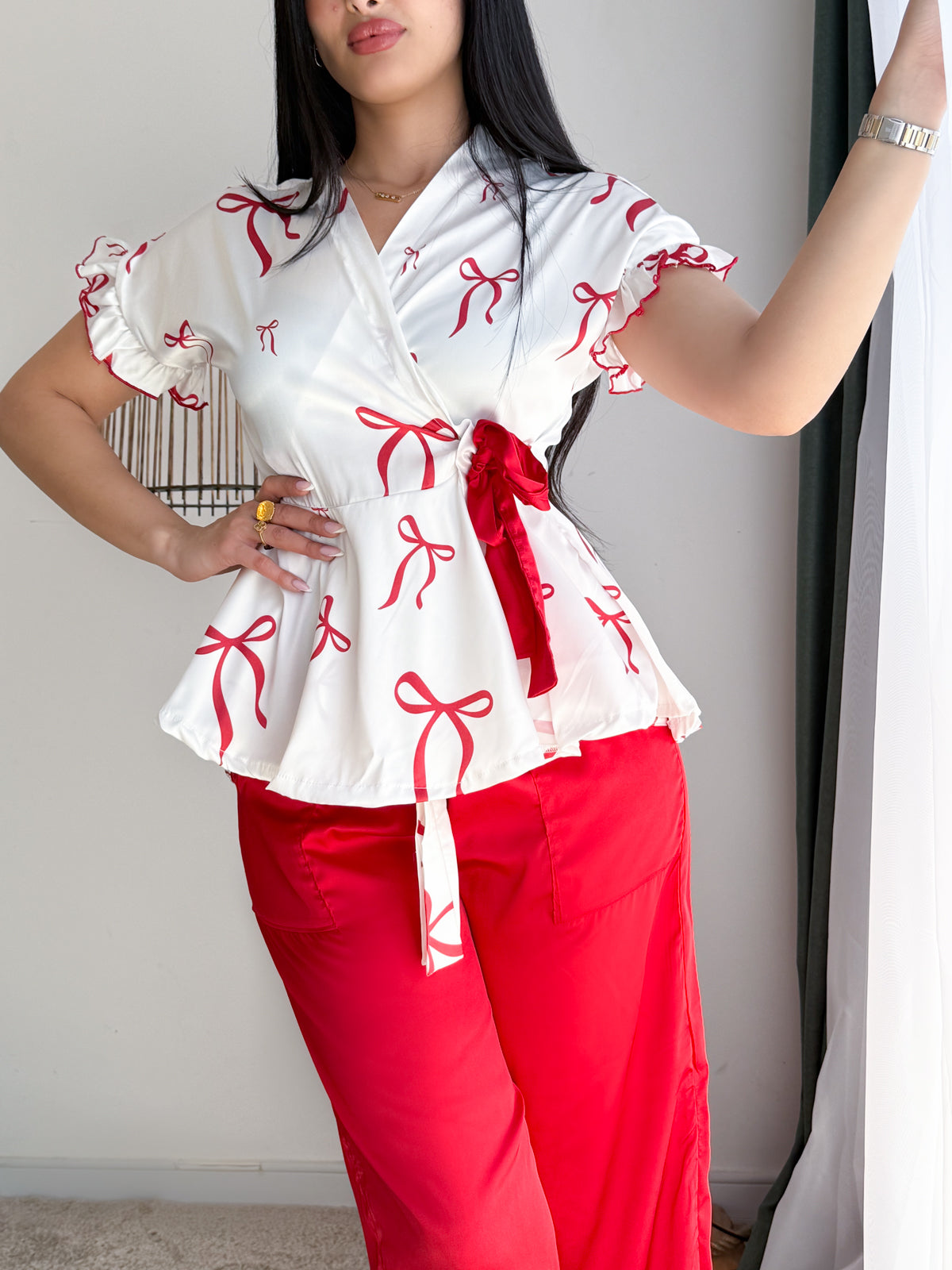 Pyjama demies manches pantalon a motif NOEUD blanc JOLENE