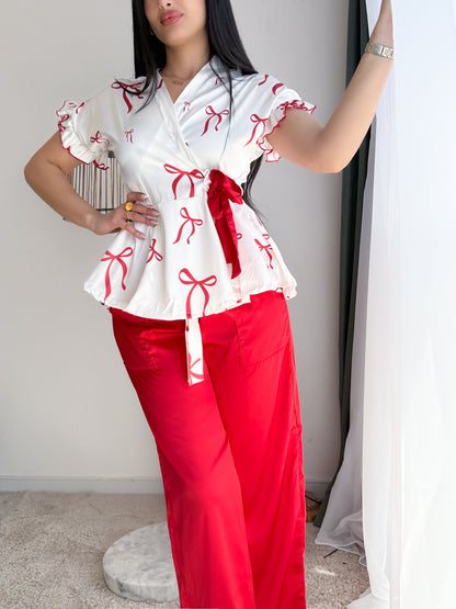 Pyjama demies manches pantalon a motif NOEUD blanc JOLENE