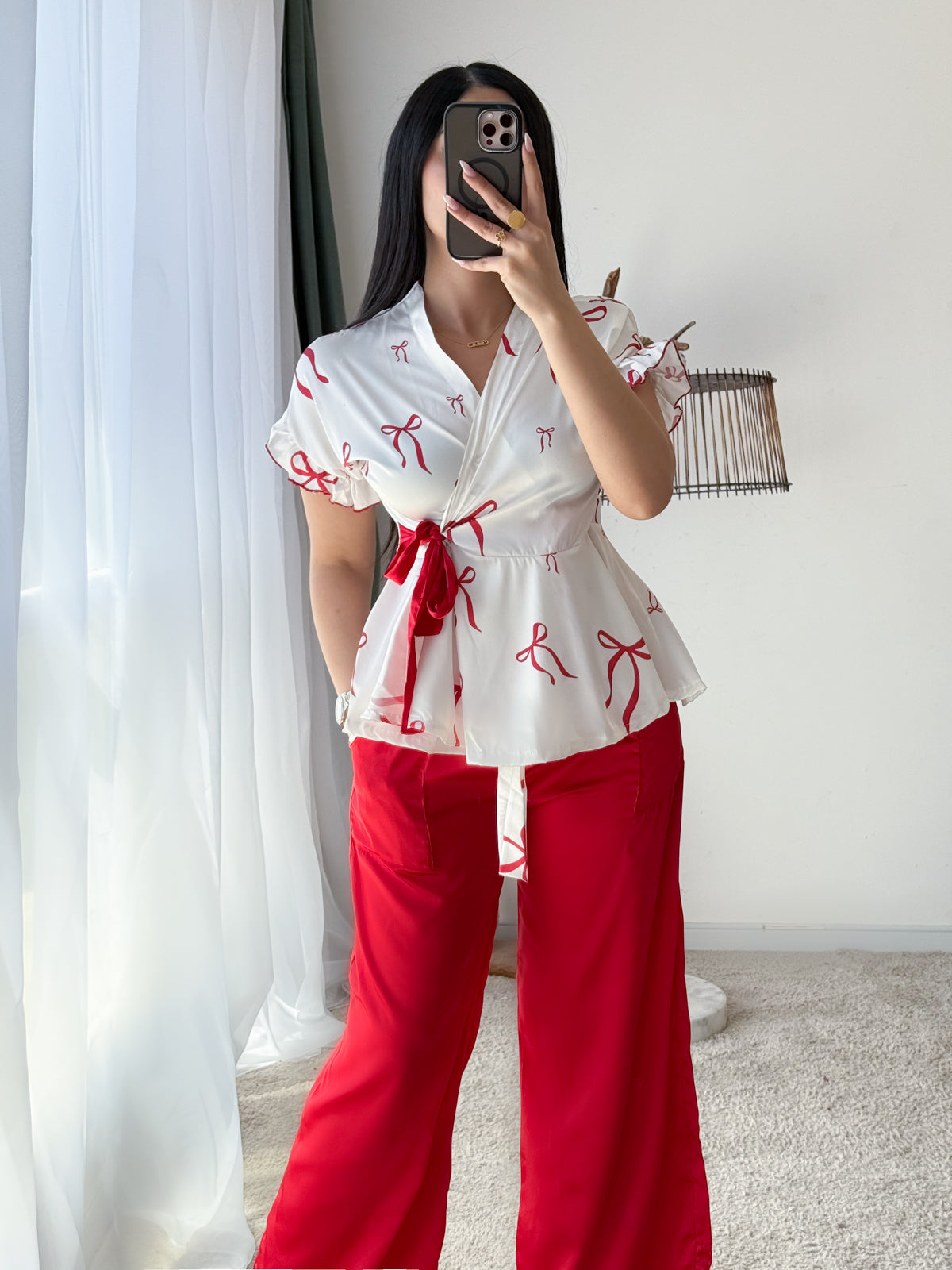 Pyjama demies manches pantalon a motif NOEUD blanc JOLENE