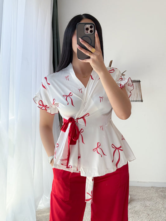 Pyjama demies manches pantalon a motif NOEUD blanc JOLENE