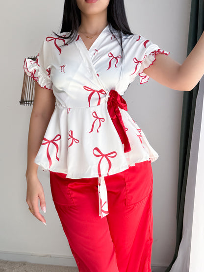 Pyjama demies manches pantalon a motif NOEUD blanc JOLENE