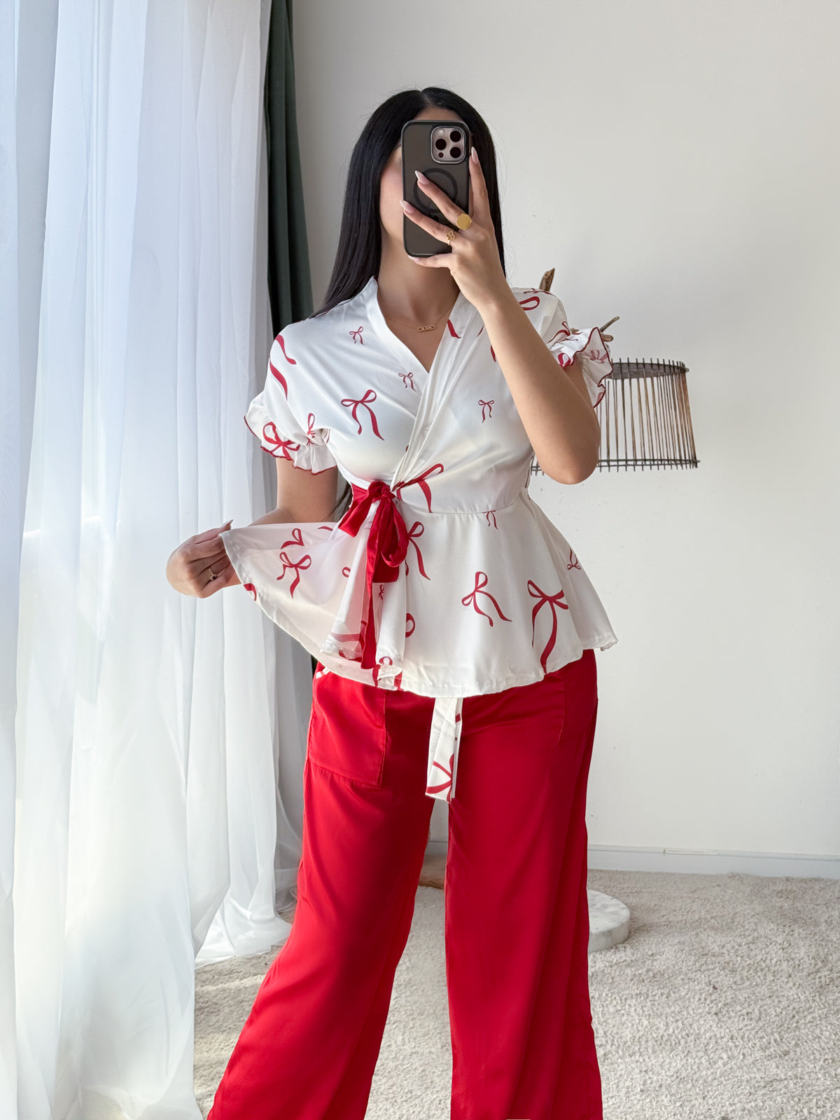 Pyjama demies manches pantalon a motif NOEUD blanc JOLENE