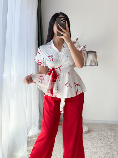Pyjama demies manches pantalon a motif NOEUD blanc JOLENE