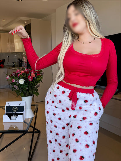 Pyjama crop-top femme rouge motif fraise FLAFFY
