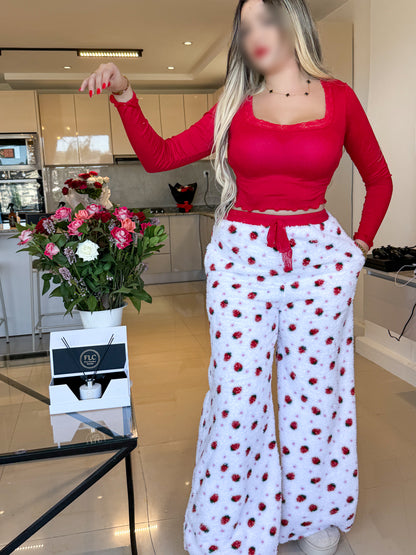 Pyjama crop-top femme rouge motif fraise FLAFFY