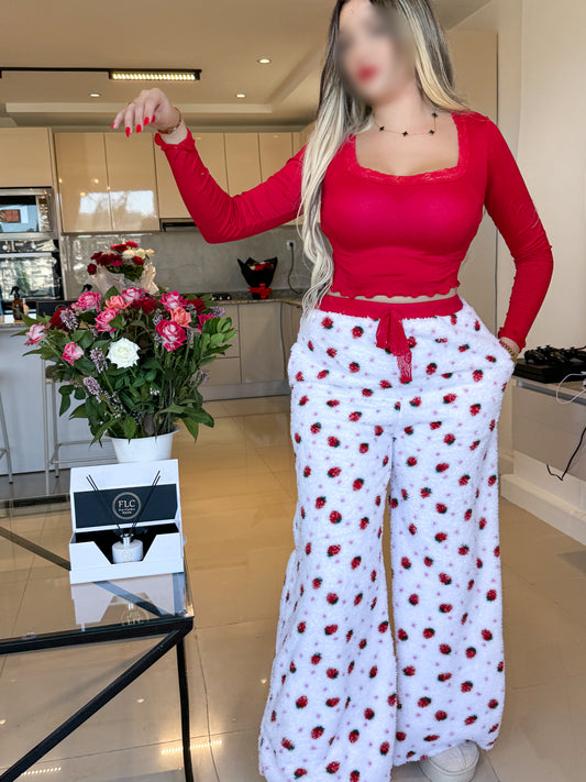 Pyjama crop-top femme rouge motif fraise FLAFFY