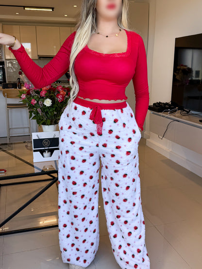 Pyjama crop-top femme rouge motif fraise FLAFFY
