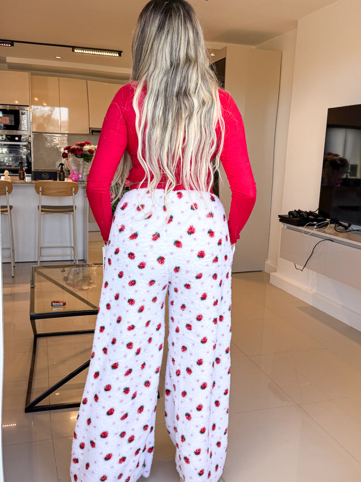Pyjama crop-top femme rouge motif fraise FLAFFY