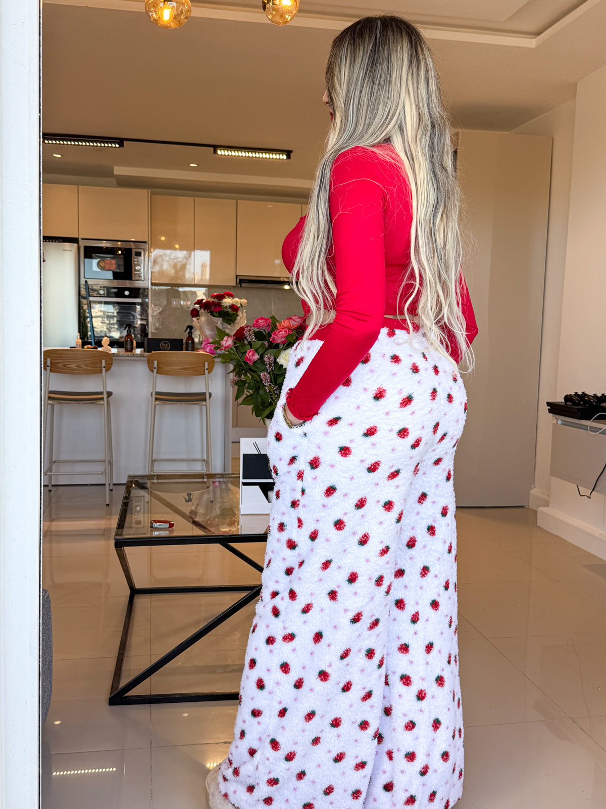 Pyjama crop-top femme rouge motif fraise FLAFFY