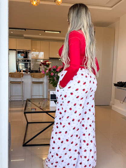 Pyjama crop-top femme rouge motif fraise FLAFFY