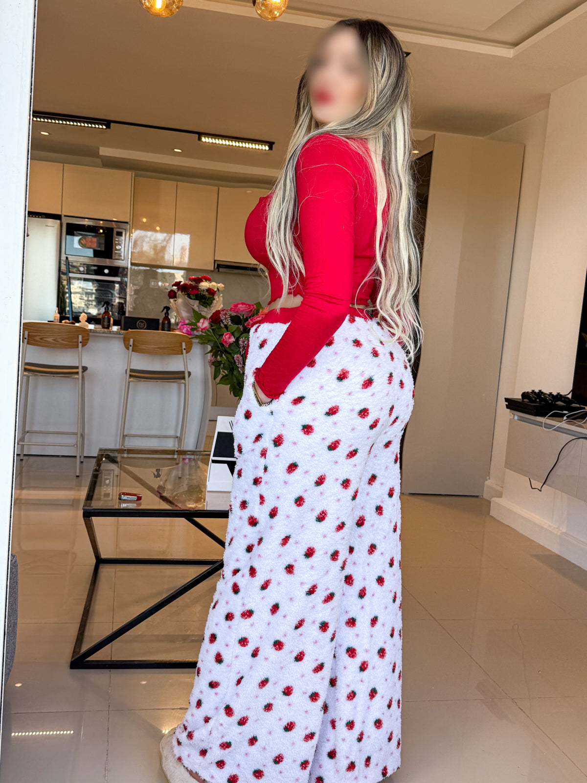 Pyjama crop-top femme rouge motif fraise FLAFFY
